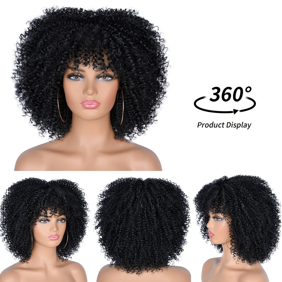 25.4cm Short Curly Afro Wigs for Bomb Afro Kinky Curly Wig with Bangs Synthetic Fiber Full Wig - Image 8