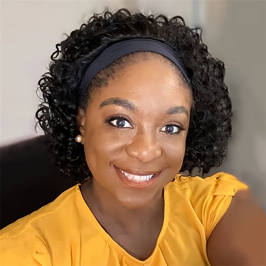 150% Density Human Hair Wig Short Headband Bob Wig Natural Black Short Curly Bob Cut Glueless Headband Wig Full Machine Curl Wig - Image 18