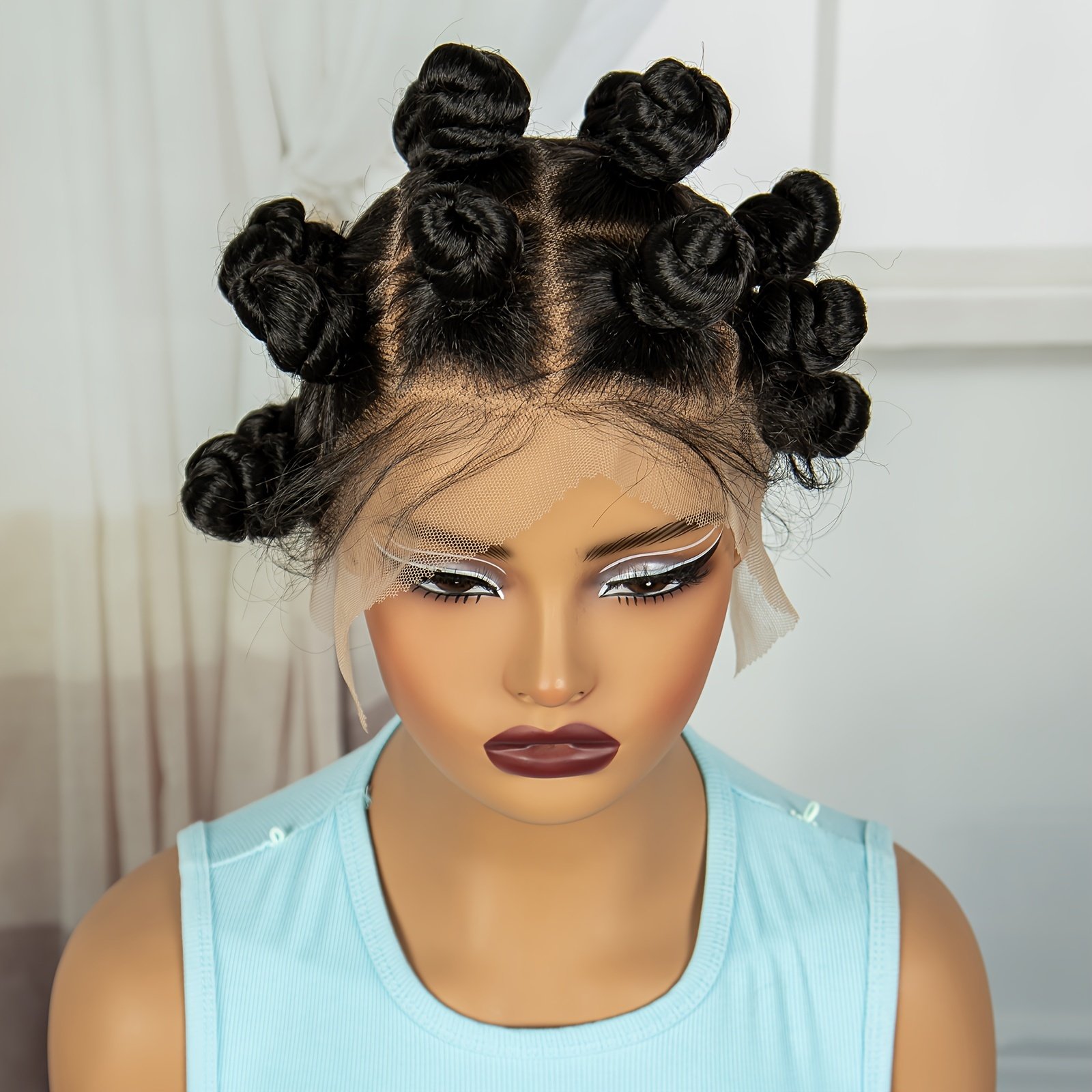 MISHELL Elegant Bantu Knots Braided Wig for Women – Full Lace, 180% Density, Handmade Synthetic Short Wig with Curly Ends, Versatile & Comfortable, Suitable for All Skin Tones, Festive Party Wig|Voluminous Hairpiece|Synthetic Fiber Wig, Wig Accessories