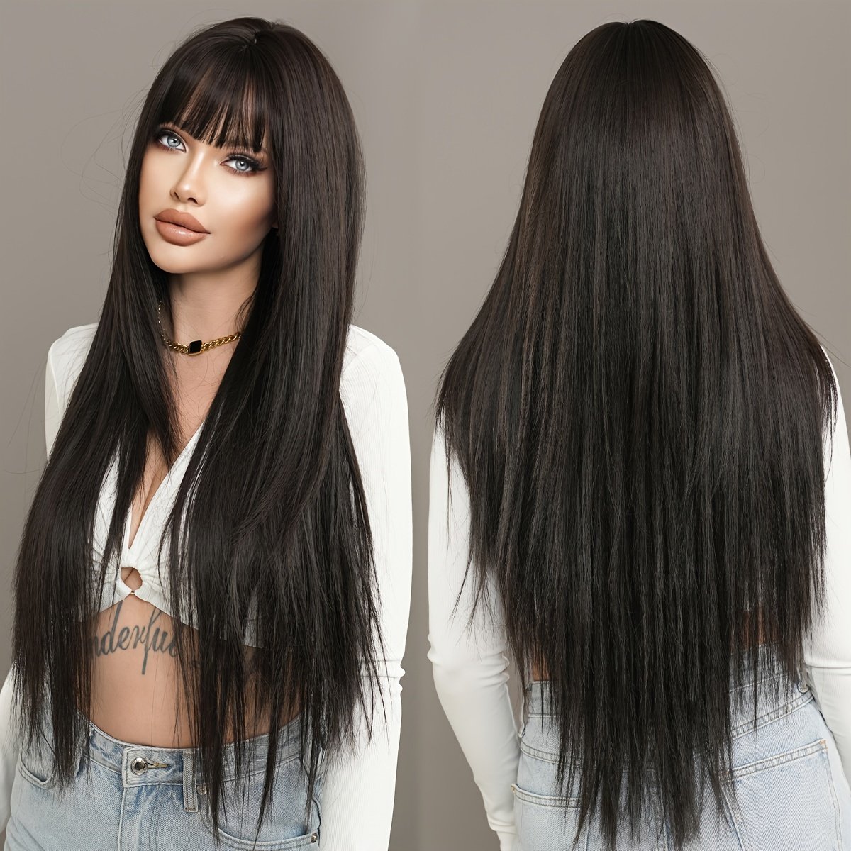 Long Straight Black Wig with Bangs High Layered 150% Density Black Wigs for Women Daily Party Use Synthetic Fiber Wig Heat Resistant 86.36 cm - Image 12
