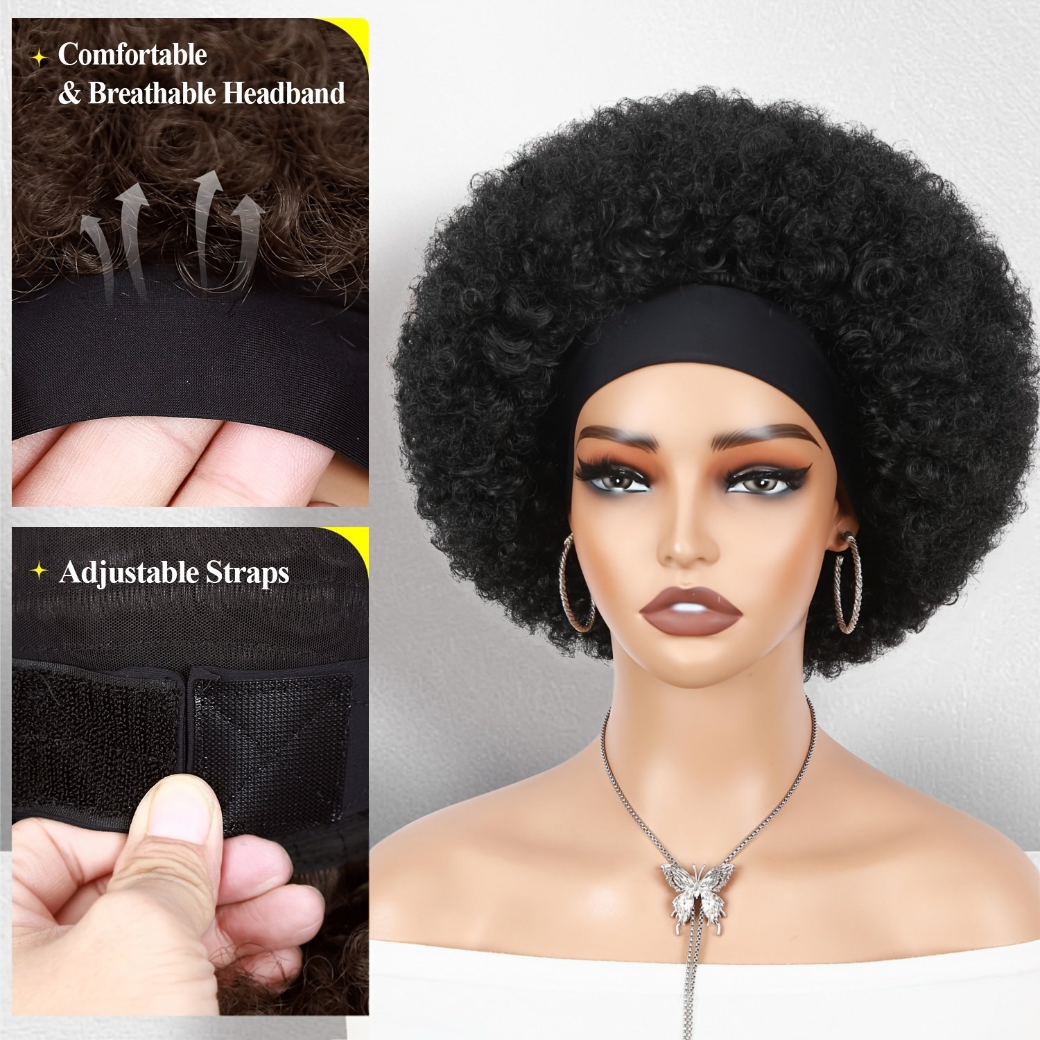Afro Headband Wig Afro Curly Glueless Wigs Black Brown Short Afro Wig Kinky Curly Wig Headband Wigs for Women Natural Black Afro Wigs with Headbands Attached Afro Curly Headband Wigs Synthetic Afro Scarf Wigs for Womens Afro Wigs - Image 5