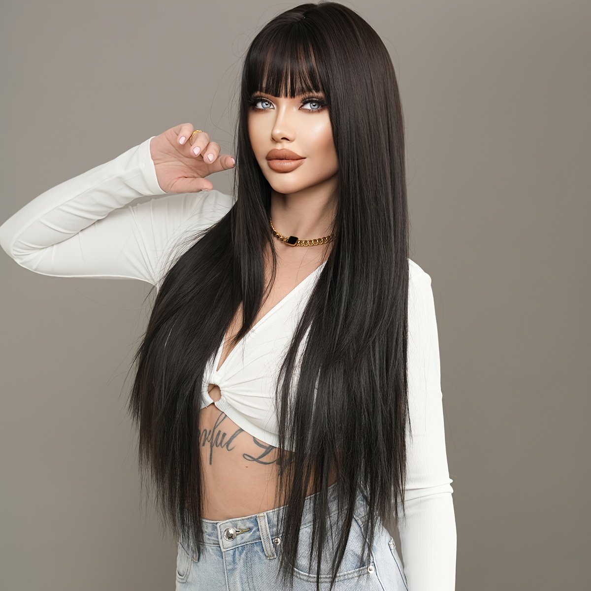Long Straight Black Wig with Bangs High Layered 150% Density Black Wigs for Women Daily Party Use Synthetic Fiber Wig Heat Resistant 86.36 cm