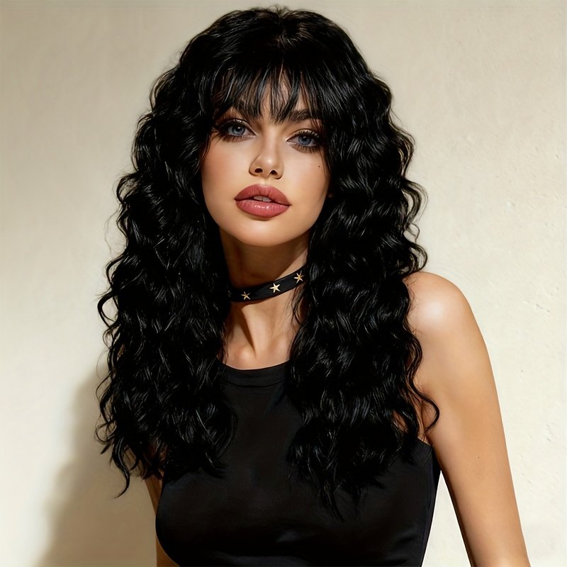 One Black Wig with Bangs, Natural Fluffy Medium-Long Curly High-Quality Synthetic Wig, Suitable for Daily Parties and Christmas Dress-Up - Perfect New Year Gift 1B Black - Image 8