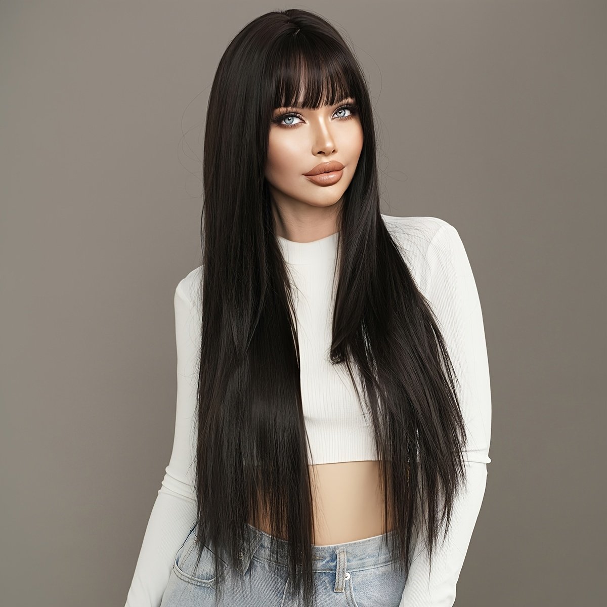 Long Straight Black Wig with Bangs High Layered 150% Density Black Wigs for Women Daily Party Use Synthetic Fiber Wig Heat Resistant 86.36 cm - Image 5
