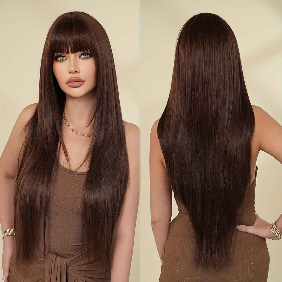 Long Straight Black Wig with Bangs High Layered 150% Density Black Wigs for Women Daily Party Use Synthetic Fiber Wig Heat Resistant 86.36 cm - Image 15