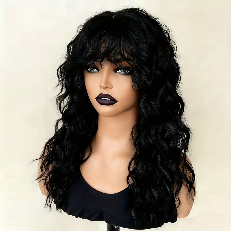 One Black Wig with Bangs, Natural Fluffy Medium-Long Curly High-Quality Synthetic Wig, Suitable for Daily Parties and Christmas Dress-Up - Perfect New Year Gift 1B Black