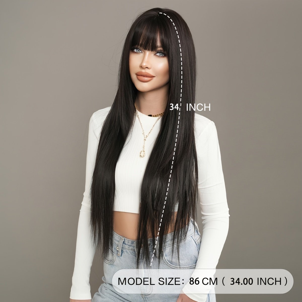 Long Straight Black Wig with Bangs High Layered 150% Density Black Wigs for Women Daily Party Use Synthetic Fiber Wig Heat Resistant 86.36 cm - Image 8