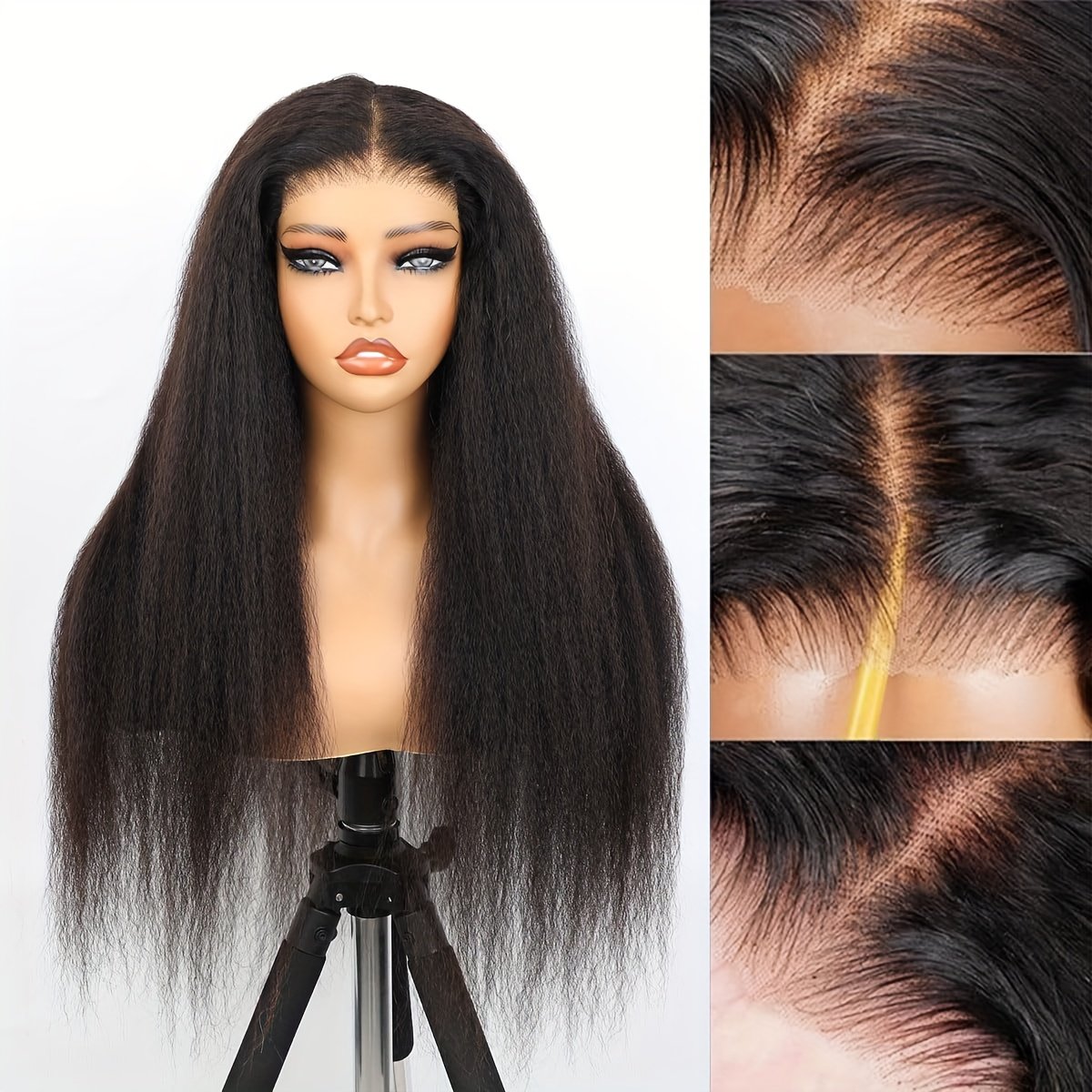 Wear & Go Glueless Wigs Yaki Kinky Straight Human Hair Pre Plucked Pre Cut 4x4 Lace Closure Wigs 180% Density Kinky Straight Glueless Wigs Human Hair for Women Natural Black - Image 9