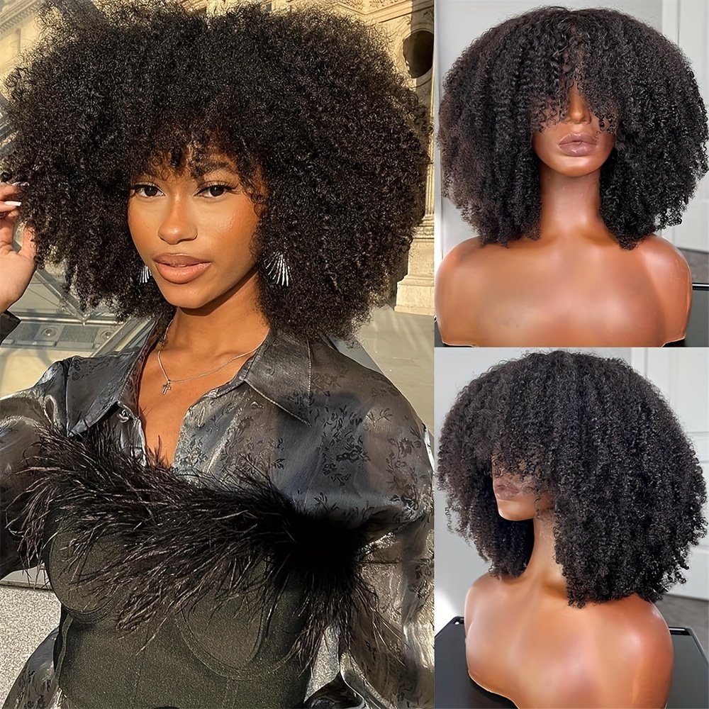 Women'S Afro Kinky Curly Wig with Bangs - Density Full Machine-Made Scalp Top, Natural Black Brazilian Human Hair Wig for, Everyday & Special Events - Voluminous Curly Hairstyle, Short Hair Wigs, Event Hairpiece, Naturallooking Hairpiece, Protective Style, Beauty Accessory - Image 17