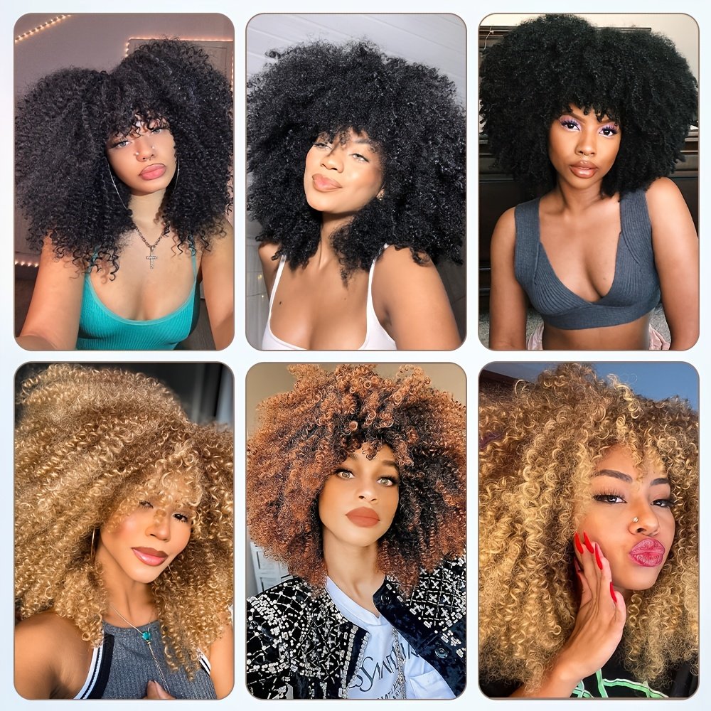 Curly Wig with Bangs Synthetic Afro Wigs for Women Heat Black Short Kinky Curly Wigs for Daily Party 35.56 cm