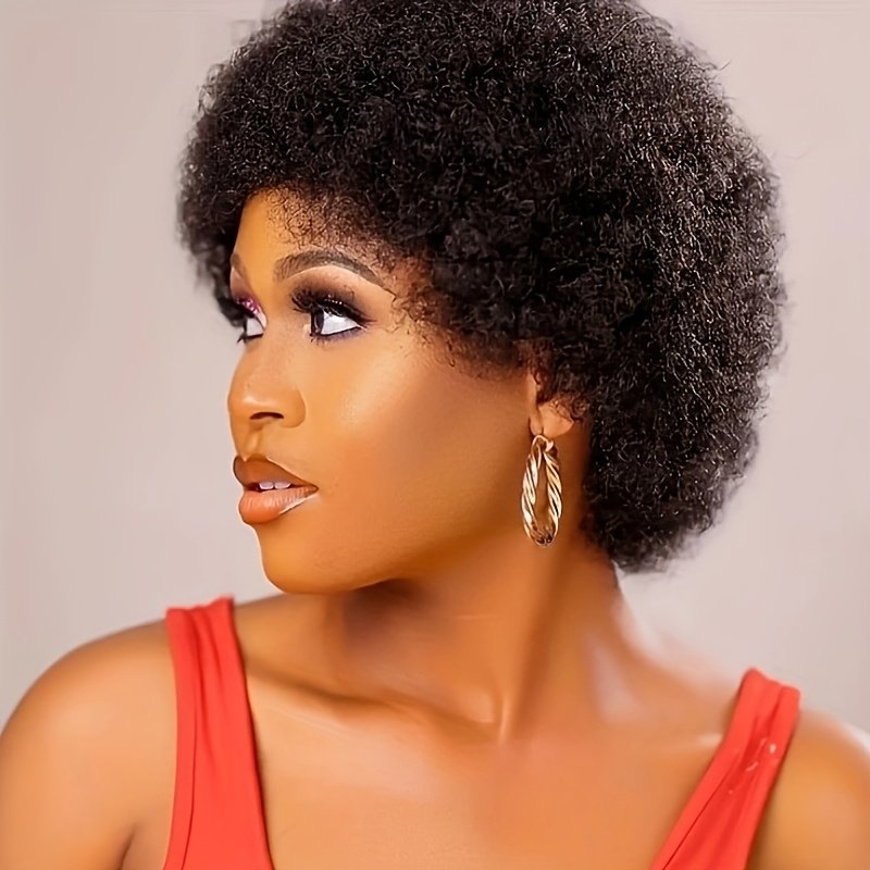 Short Afro Curly Remy Hair Wig with Bangs, Basic Afro Curly Pixie Cut Basic Style, 150% Density Human Hair, Full Machine-Made, Non-Lace Easy to Wear