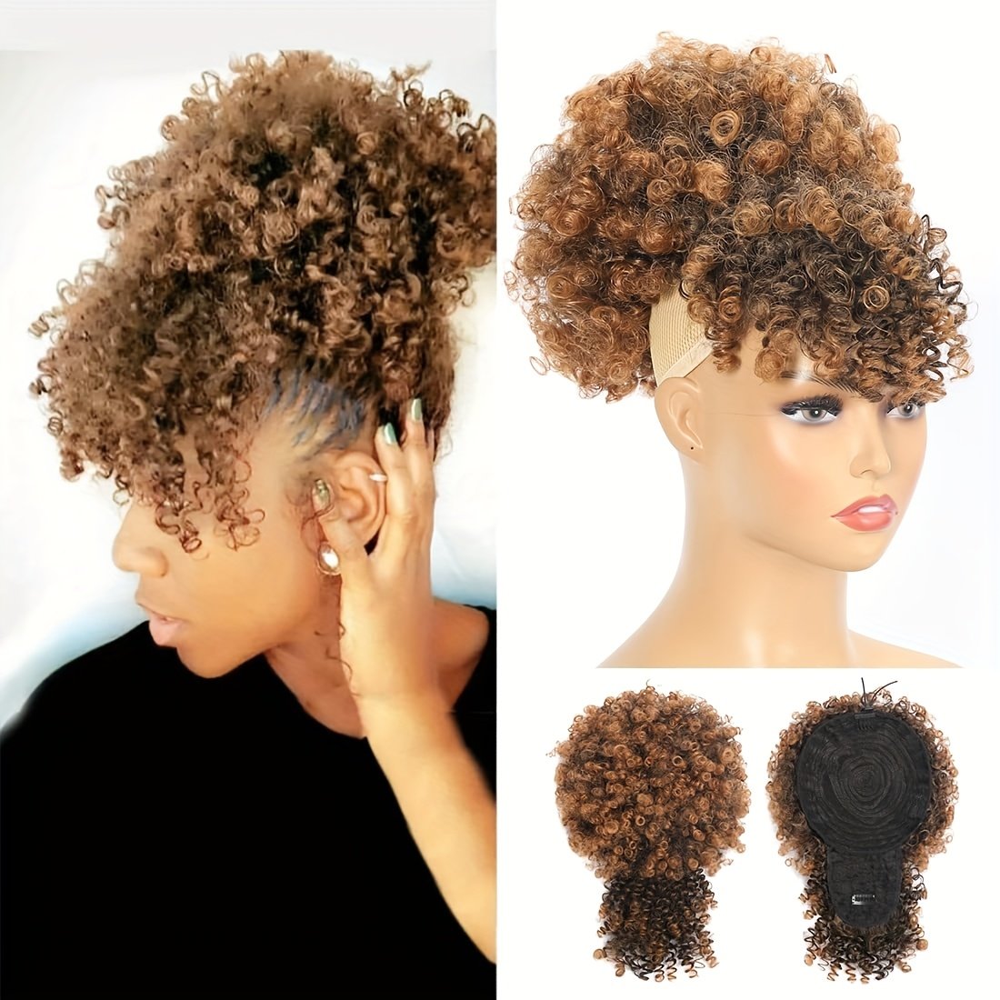 Drawstring Ponytail with Bangs Afro Puff Ponytail Extensions Short Curly Puff Ponytail with Bangs Clip in Wrap Updo Hairpiece for Women