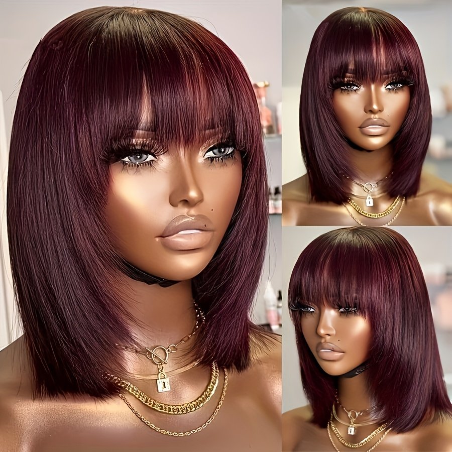 Glueless Short Bob Straight Human Hair Wigs with Bangs, Burgundy Non Lace Front Wig for Women, Brazilian Hair Wear And Go Wig 99J Color