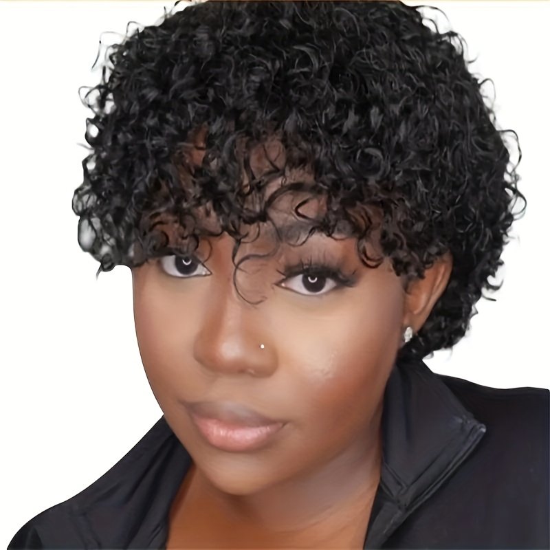 180% Pixie Cut Short Afro Curly Bob Human Hair Wigs 15.24 cm/105G with Bangs for Women Brazilian Virgin Remy Hair Natural Black Color Kinky Curly Wigs No Lace Front Natural Brazilian Real Hair - Image 28