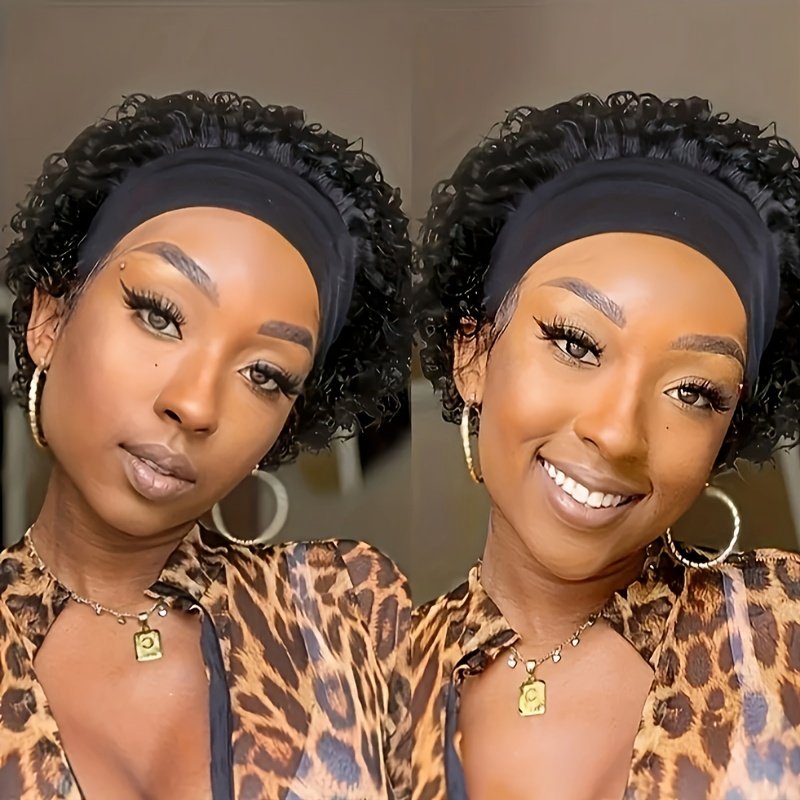150% Density Human Hair Wig Short Headband Bob Wig Natural Black Short Curly Bob Cut Glueless Headband Wig Full Machine Curl Wig - Image 12