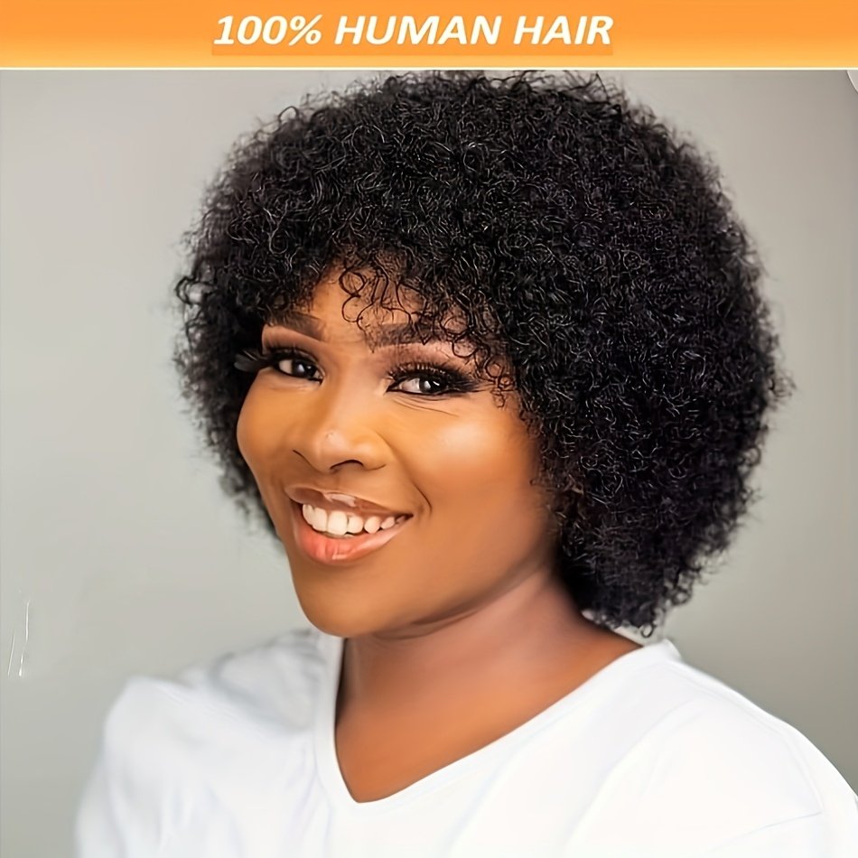 Women'S Afro Kinky Curly Human Hair Wig Short Curly Wave Human Hair Wig with Bangs Full Machine Made 200% Density Basic Style Suitable for Daily Wear - Image 11