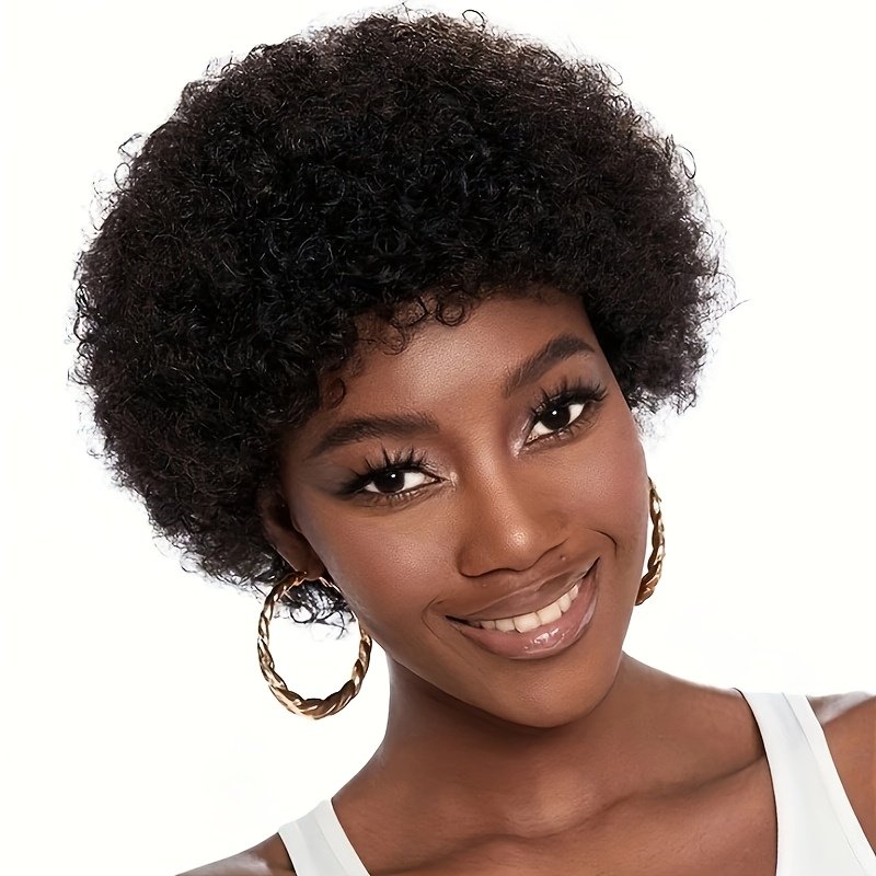 Short Afro Curly Remy Hair Wig with Bangs, Basic Afro Curly Pixie Cut Basic Style, 150% Density Human Hair, Full Machine-Made, Non-Lace Easy to Wear - Image 48
