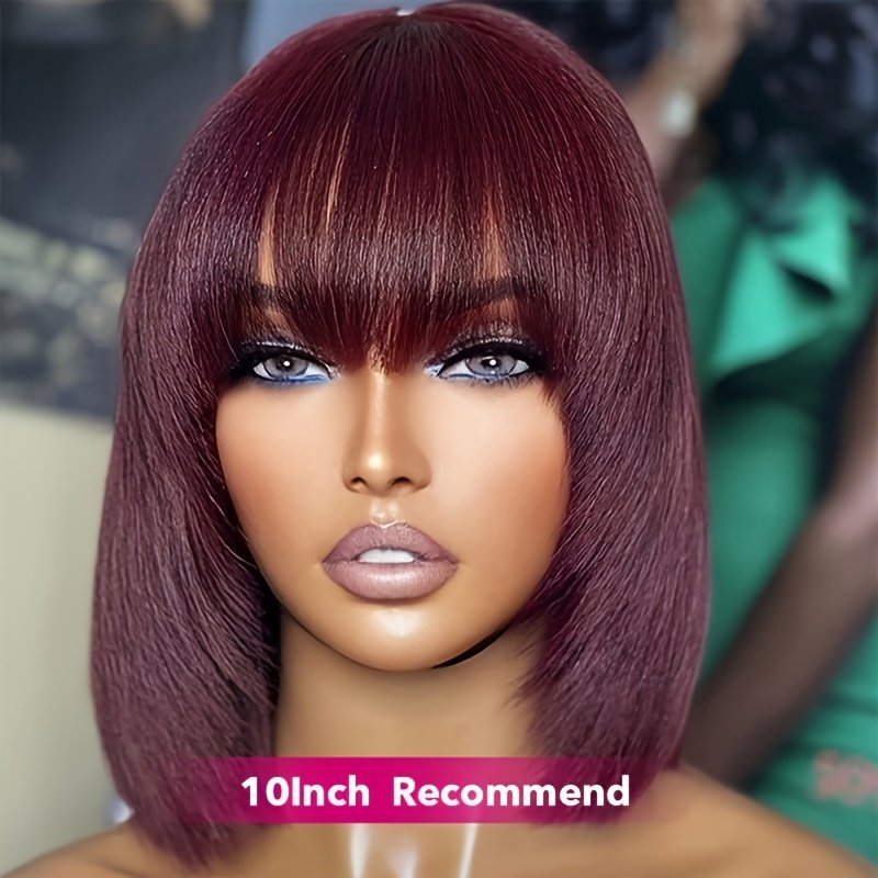 Glueless Short Bob Straight Human Hair Wigs with Bangs, Burgundy Non Lace Front Wig for Women, Brazilian Hair Wear And Go Wig 99J Color - Image 3