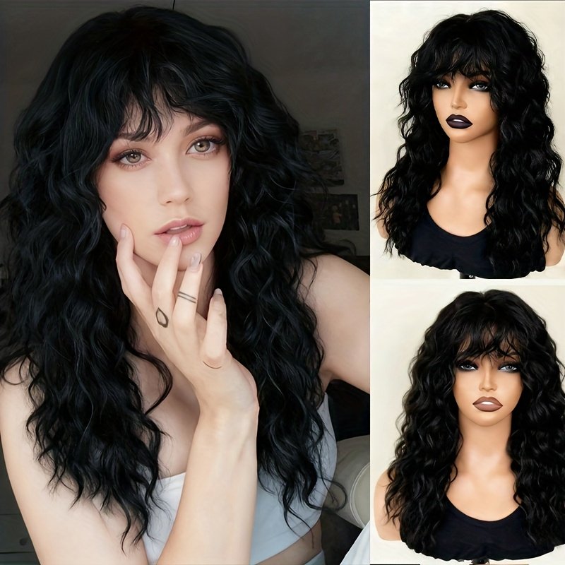 One Black Wig with Bangs, Natural Fluffy Medium-Long Curly High-Quality Synthetic Wig, Suitable for Daily Parties and Christmas Dress-Up - Perfect New Year Gift 1B Black - Image 3
