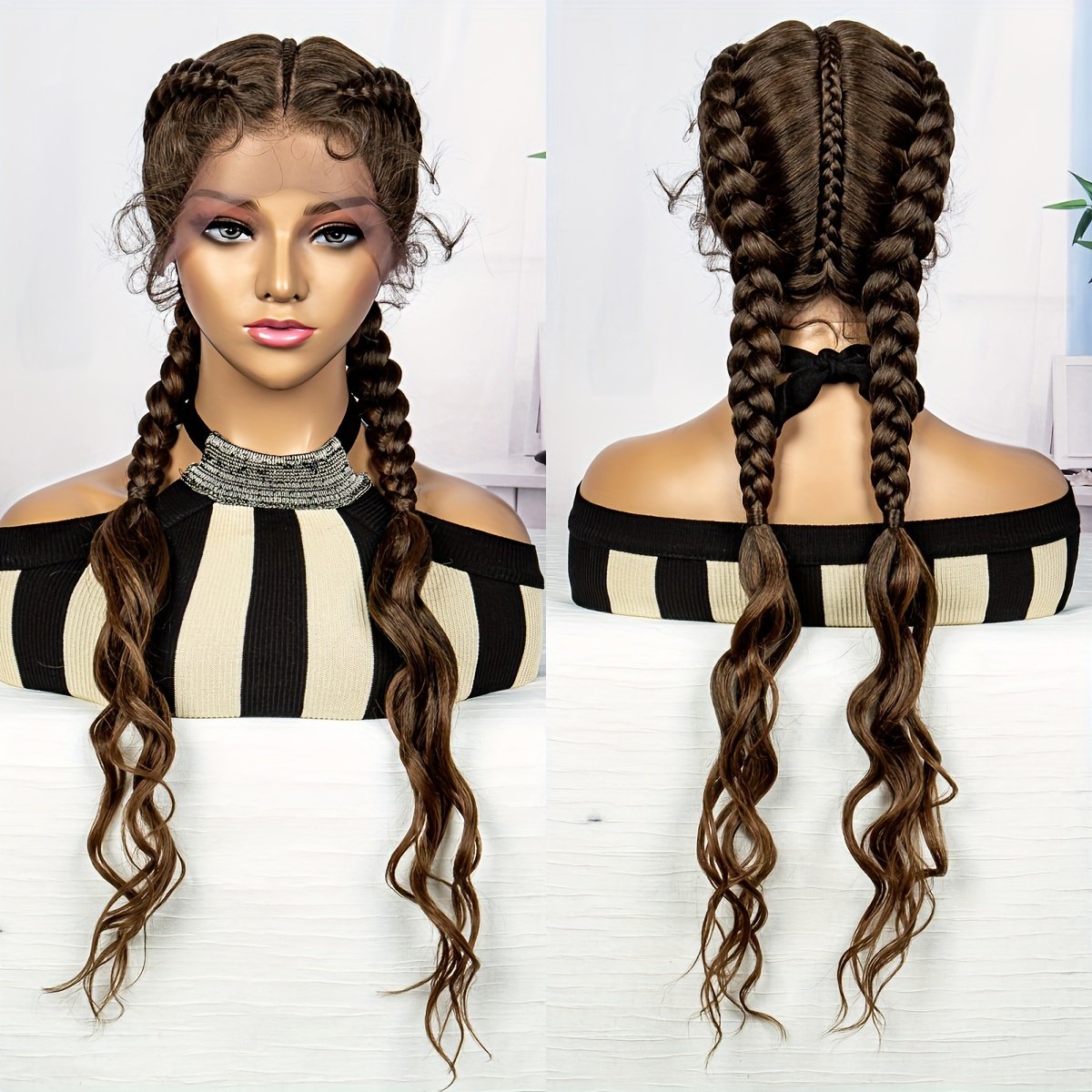 3-Strand Braided Wig Cap with 13x1 Lace Front Braid, 180% Density Long Hand-Woven 3-Strand Braided Wig with Small Curls at the Ends for a Simple and Stylish Look - Image 14