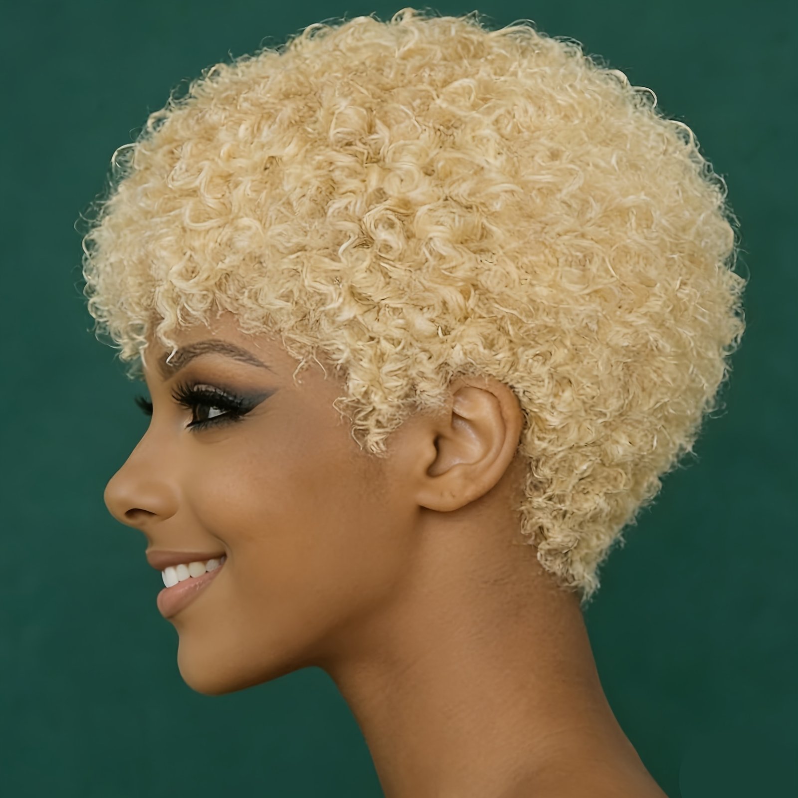 10.16cm-Women's 27# Blonde Color Cosplay Wig for Halloween Short Pixie Cut Wig 200% Density Curly Wave Human Hair Wigs with Bangs Easy to Wear Hairpiece for Daily Party & Cosplay & Christmas & Black Friday - Image 2