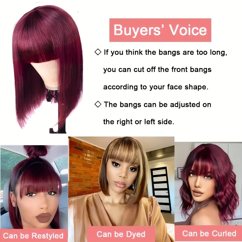 Glueless Short Bob Straight Human Hair Wigs with Bangs, Burgundy Non Lace Front Wig for Women, Brazilian Hair Wear And Go Wig 99J Color - Image 17