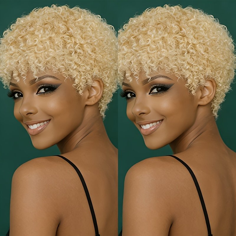 10.16cm-Women's 27# Blonde Color Cosplay Wig for Halloween Short Pixie Cut Wig 200% Density Curly Wave Human Hair Wigs with Bangs Easy to Wear Hairpiece for Daily Party & Cosplay & Christmas & Black Friday - Image 15