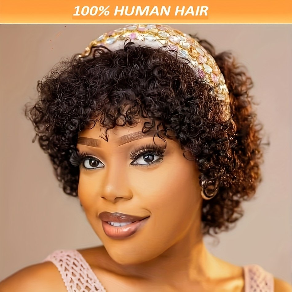Women'S Afro Kinky Curly Human Hair Wig Short Curly Wave Human Hair Wig with Bangs Full Machine Made 200% Density Basic Style Suitable for Daily Wear - Image 22