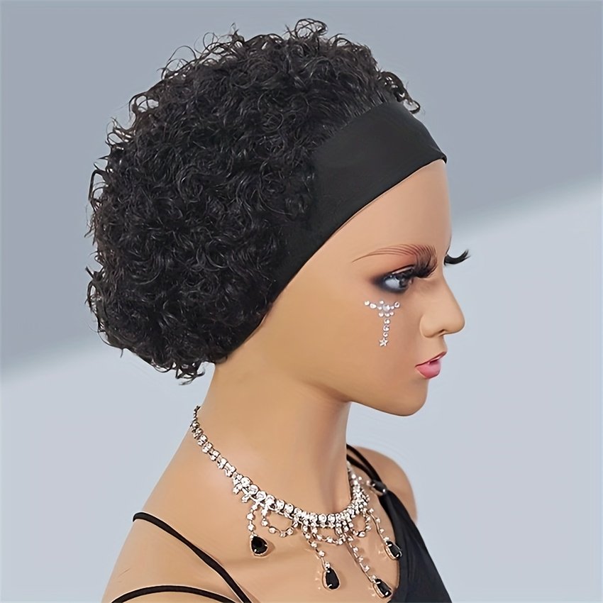 150% Density Human Hair Wig Short Headband Bob Wig Natural Black Short Curly Bob Cut Glueless Headband Wig Full Machine Curl Wig - Image 14