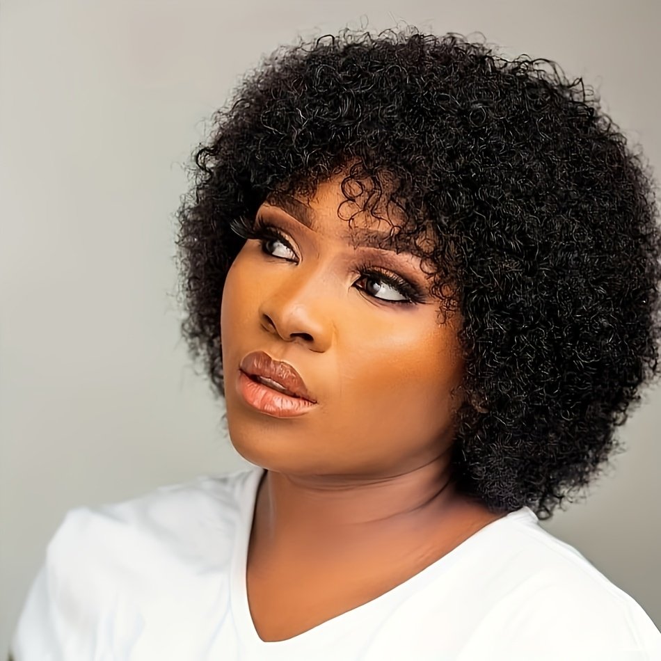 Women’S Afro Kinky Curly Human Hair Wig Short Curly Wave Human Hair Wig with Bangs Full Machine Made 200% Density Basic Style Suitable for Daily Wear