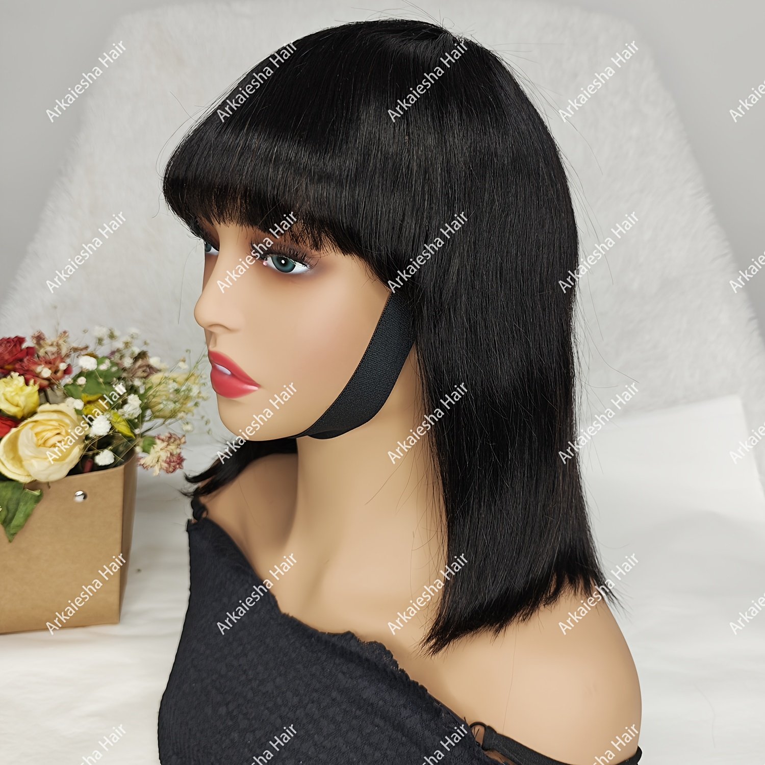 Straight Short Bob Wig with Bangs Human Hair 150% Density Glueless Straight Bob Wig Human Hair with Bangs Bob Wigs for Women No Lace Front Wigs Full Machine Made Straight Bob Wig - Image 31