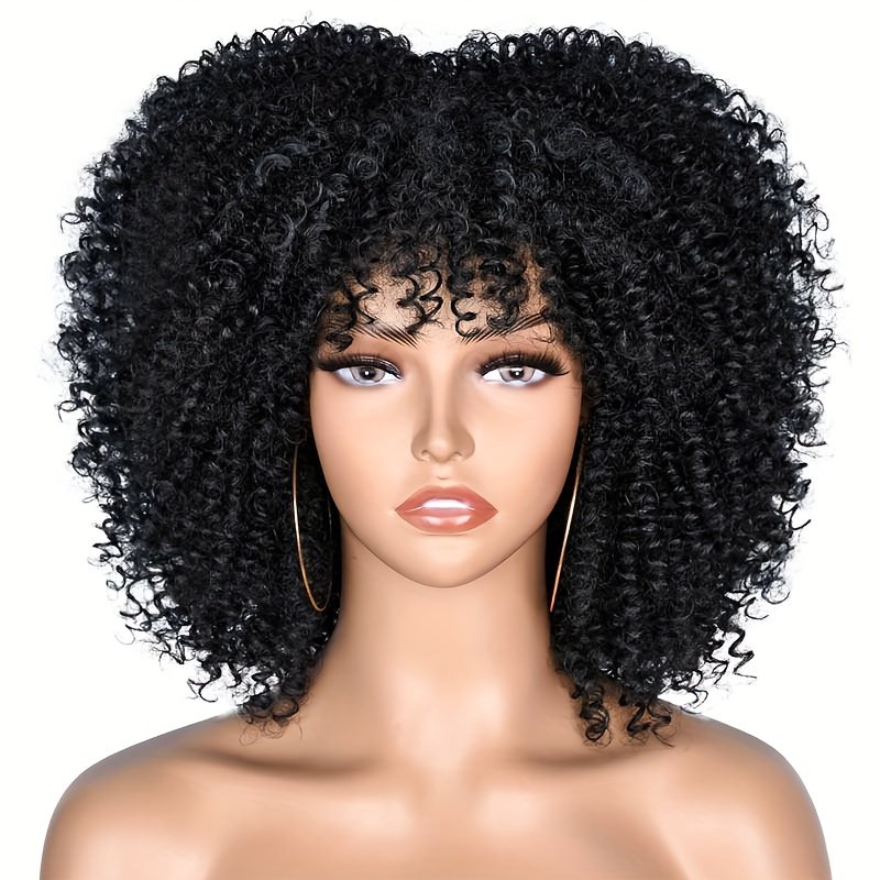 25.4cm Short Curly Afro Wigs for Bomb Afro Kinky Curly Wig with Bangs Synthetic Fiber Full Wig - Image 3