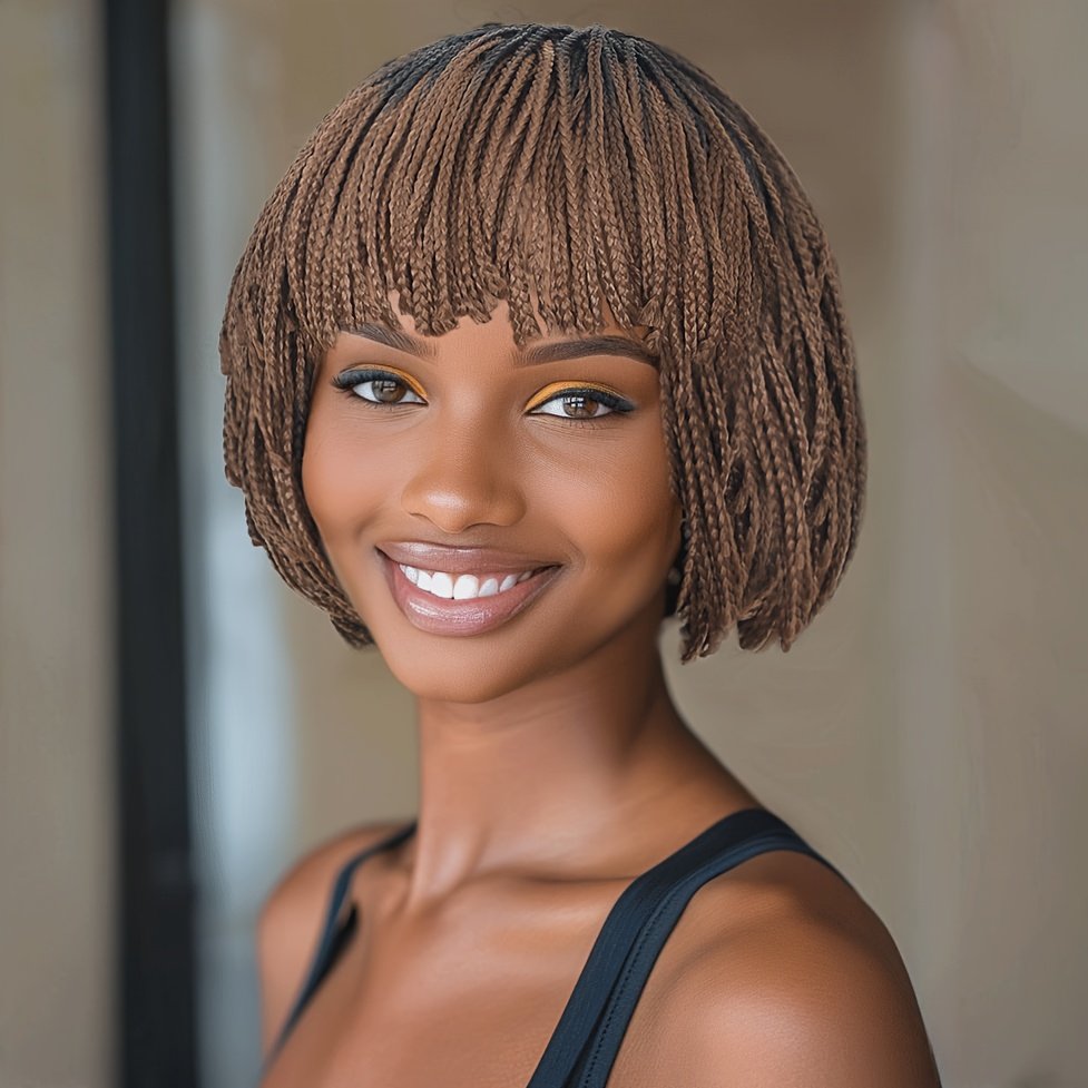 Box Braid Wig Synthetic Short Bob Wig Box Braided Wig with Bangs Cornrow Braided Wigs for Women (Ombre Brown)