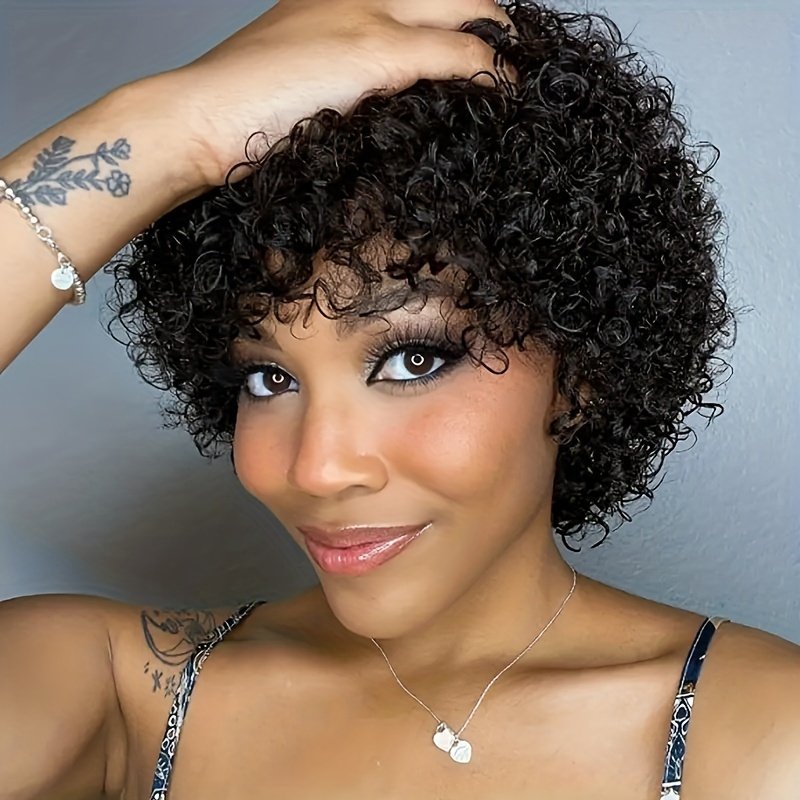 180% Pixie Cut Short Afro Curly Bob Human Hair Wigs 15.24 cm/105G with Bangs for Women Brazilian Virgin Remy Hair Natural Black Color Kinky Curly Wigs No Lace Front Natural Brazilian Real Hair