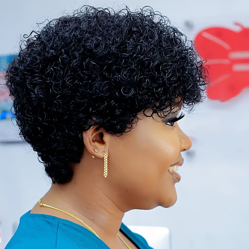 Chic Pixie Cut Wig for Women – 180% Density Virgin Peruvian Remy Human Hair, Kinky Curly Afro Style, Glueless Full Wig with Natural Water Wave Ready to Wear And Leave Wig Suitable for The New Year