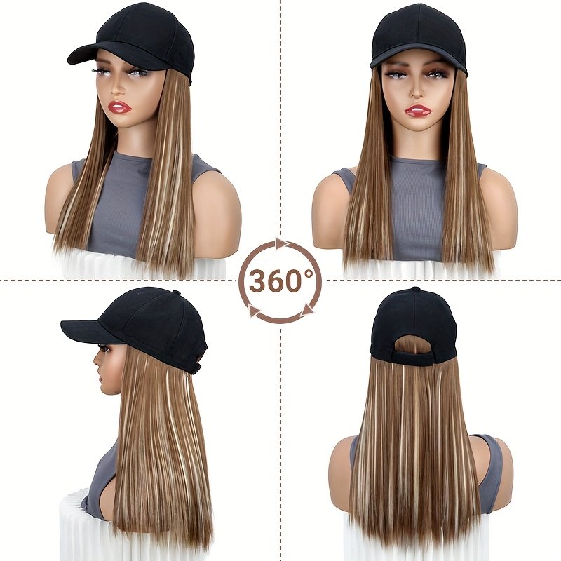 Synthetic Hat Wig with Long Straight Black Hair Baseball Cap Hair Extension Stylish Convenient All-In-One Design for Women - Image 15