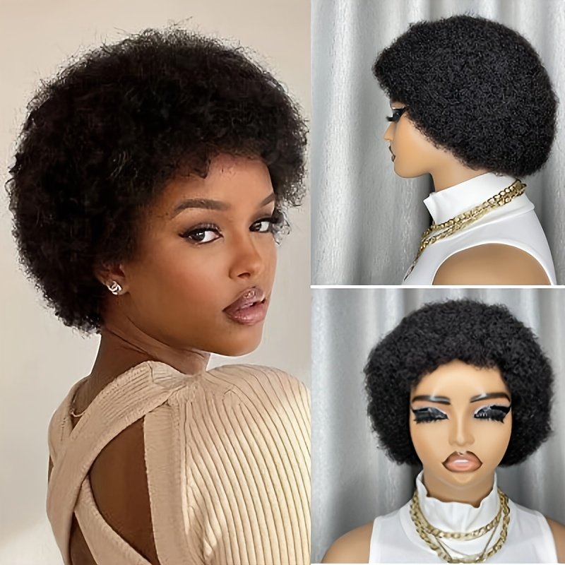 Short Afro Curly Remy Hair Wig with Bangs, Basic Afro Curly Pixie Cut Basic Style, 150% Density Human Hair, Full Machine-Made, Non-Lace Easy to Wear - Image 52