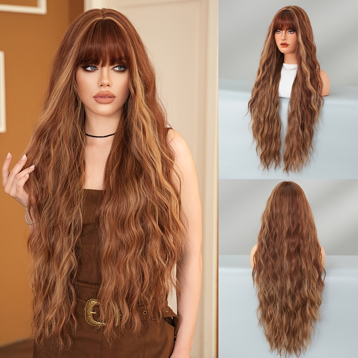 Halloween Dress Up Wig Routine Wig Long Loose Wave Coppery Brown Wig with Bangs High Density Highlight Golden Wig Heat Resistant Synthetic Wig for Women Daily Party Use 91.44 cm