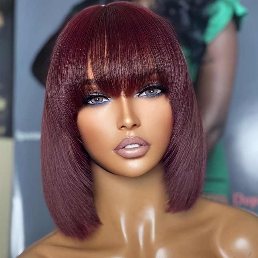 Glueless Short Bob Straight Human Hair Wigs with Bangs, Burgundy Non Lace Front Wig for Women, Brazilian Hair Wear And Go Wig 99J Color - Image 8