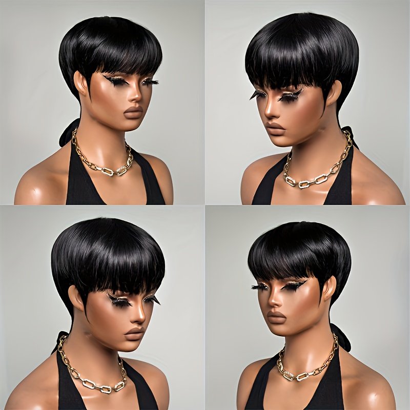 6-Inch Short Straight Human Hair Wig with Bangs 150% Density, Brazilian Remy Hair, Full Machine-Made Without Glueless, Suitable for Any Occasion & Party - Image 17
