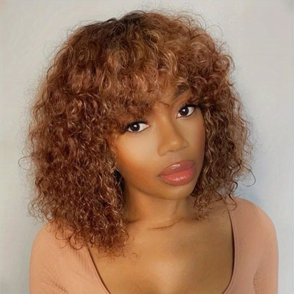 Colored Short Pixie Afro Kinky Curly Bob Human Hair Bangs Wigs for Women Brazilian Remy Hair Ombre Brown Wear to Go Wigs
