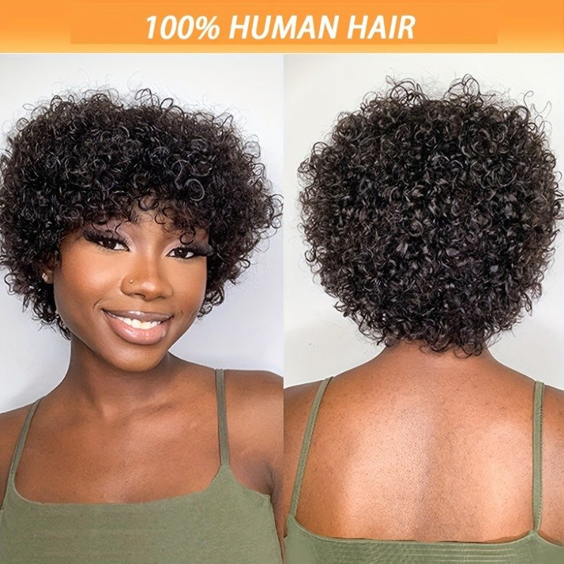 FASHION IDOL Brazilian Remy Human Hair Wig Suitable for Women & Men - Glueless Afro Kinky Curly Pixie Cut with Bangs, 130% Density Machine-Made Hairpiece, Look for Dreadlock Styles & Daily Wear (No Glue Application) - Image 14
