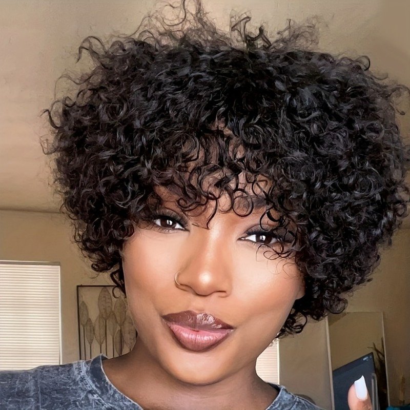 FASHION IDOL Brazilian Remy Human Hair Wig Suitable for Women & Men - Glueless Afro Kinky Curly Pixie Cut with Bangs, 130% Density Machine-Made Hairpiece, Look for Dreadlock Styles & Daily Wear (No Glue Application) - Image 13