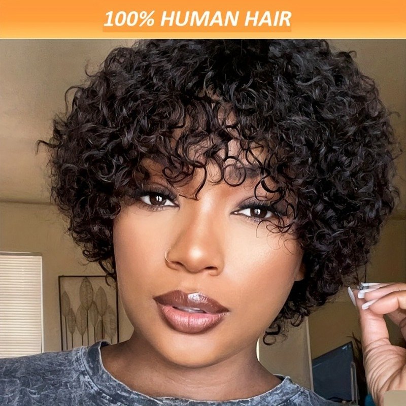 FASHION IDOL Brazilian Remy Human Hair Wig Suitable for Women & Men - Glueless Afro Kinky Curly Pixie Cut with Bangs, 130% Density Machine-Made Hairpiece, Look for Dreadlock Styles & Daily Wear (No Glue Application) - Image 7