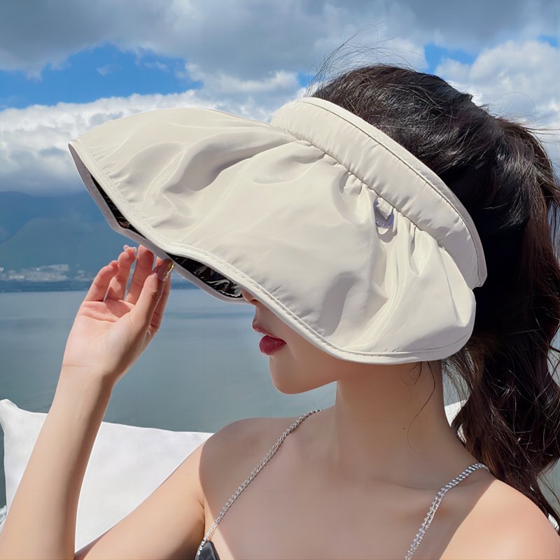 Headband Shell Hat, Sun Hat with Open Top for Women, Summer Sun Visor with Wide Brim, Shell-Shaped Hat for Cycling and Outdoor Activities, Foldable Black Vinyl Sun Hat, Black Vinyl Bucket Hat, Beach Hat - Image 2