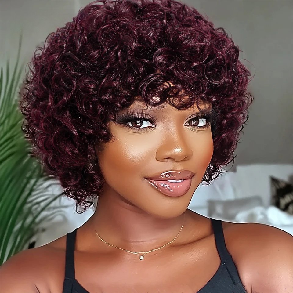 200% density Pixie Cut Curly Human Hair Wigs for Women 15.24 cm Short Pixie Afro Curly Human Hair Wig with Bangs Ombre Brown Burgundy Full Machine Made wig