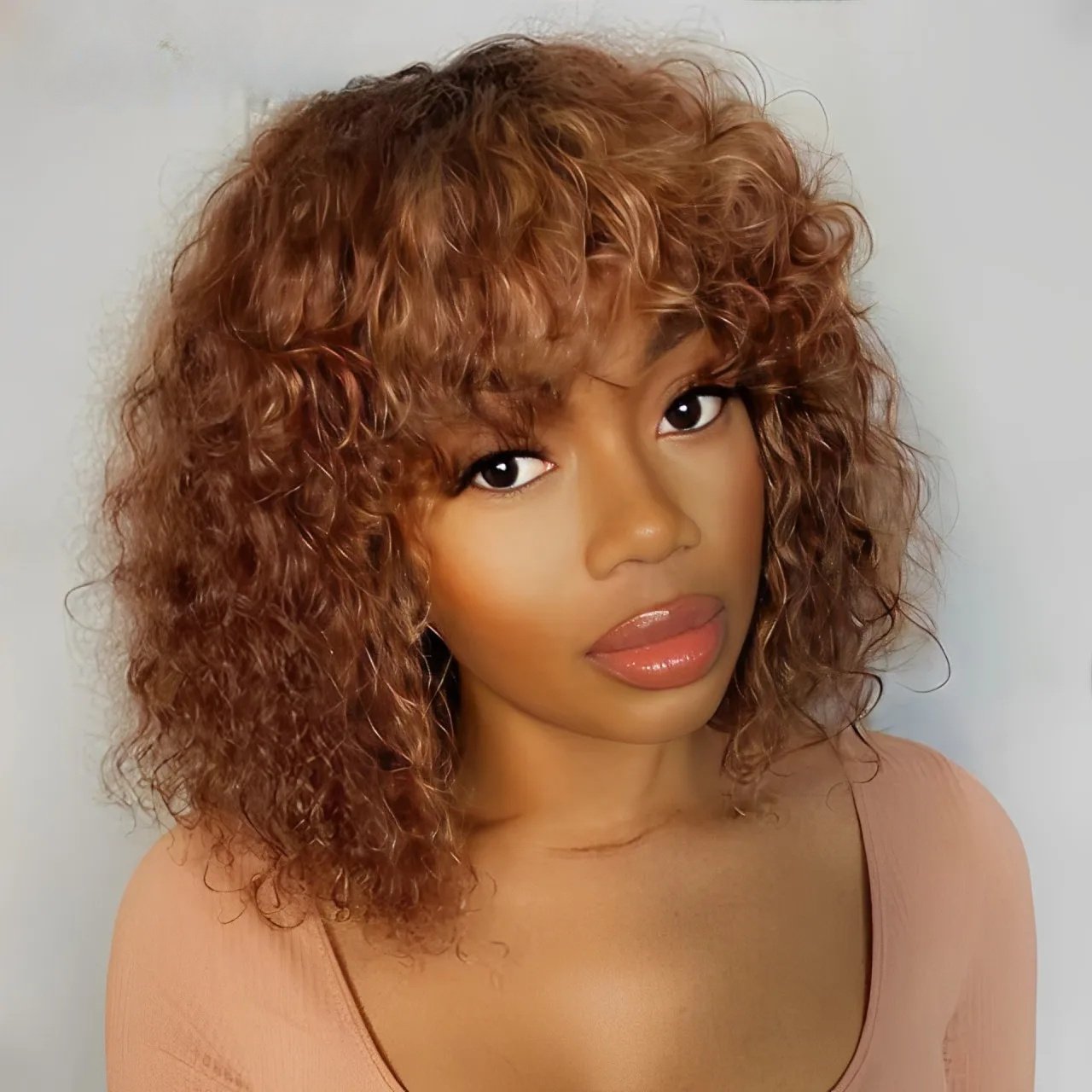25.4 cm Short Pixie Afro Kinky Curly Bob Human Hair Wigs with Bangs for Women Brazilian Remy Hair Ombre Brown Bug Colored Wigs