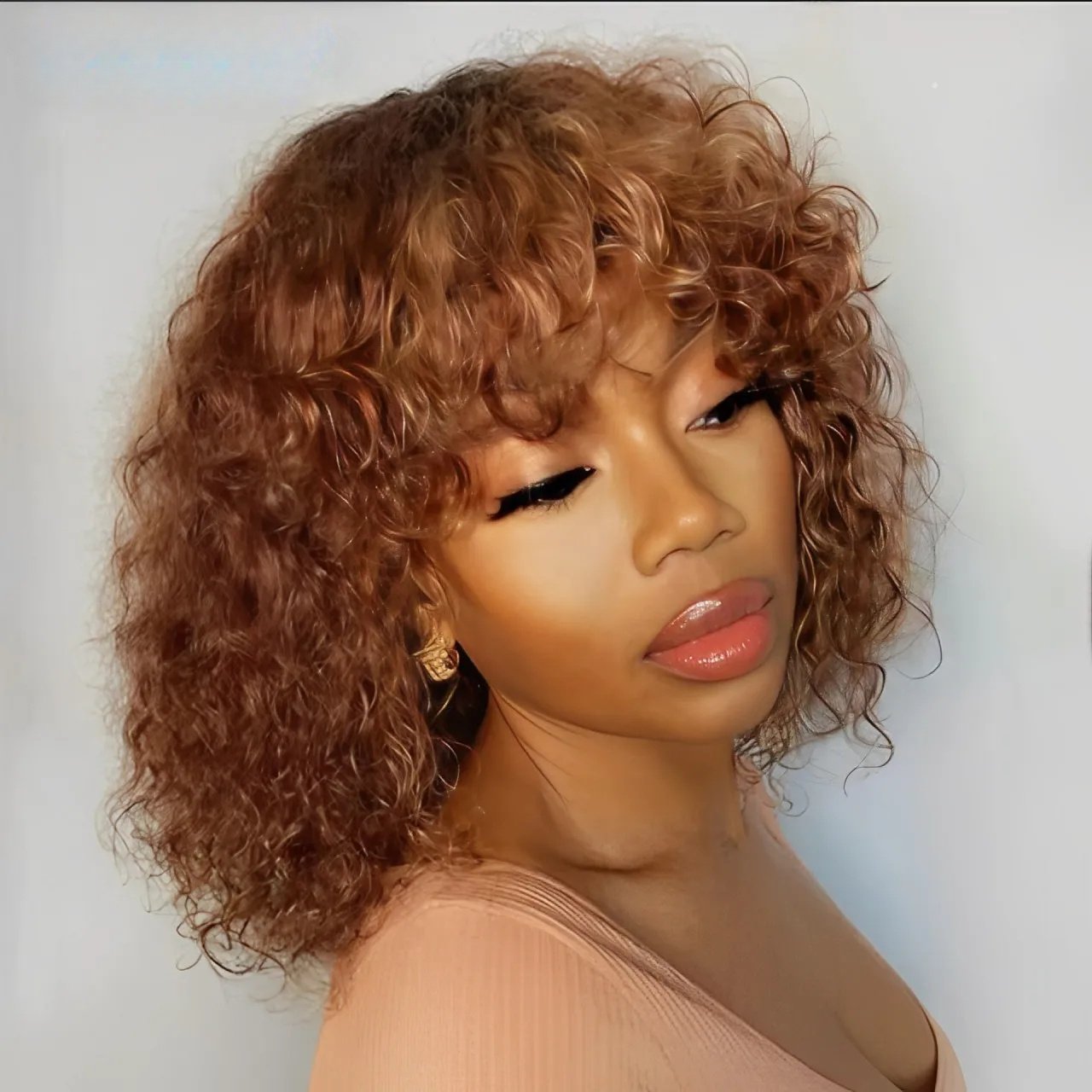 25.4 cm Short Pixie Afro Kinky Curly Bob Human Hair Wigs with Bangs for Women Brazilian Remy Hair Ombre Brown Bug Colored Wigs - Image 4