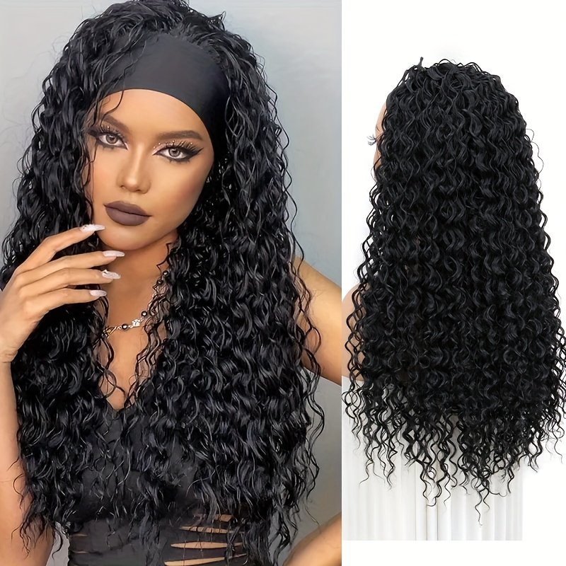Headband Wigs Deep Wave Hair Wigs with Headband Long Wavy Synthetic Fiber Wigs with Headband Attached for Women