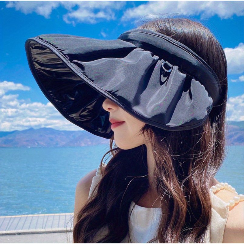 Headband Shell Hat, Sun Hat with Open Top for Women, Summer Sun Visor with Wide Brim, Shell-Shaped Hat for Cycling and Outdoor Activities, Foldable Black Vinyl Sun Hat, Black Vinyl Bucket Hat, Beach Hat - Image 19